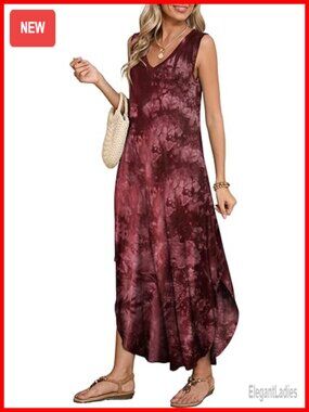Plus Size Maxi Dress Sundress Sleeveless V Neck Pockets Beach Coverup Loose
